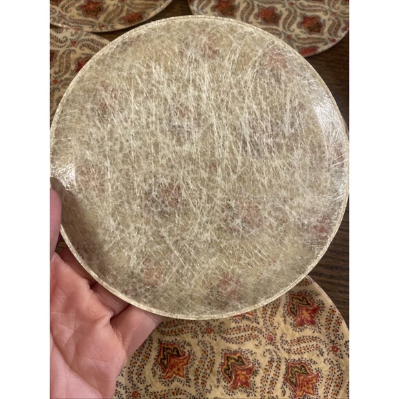 6 Vtg Fiberglass Round Appetizer Plate Tray - Boho MCM Floral - Picture 3 of 7